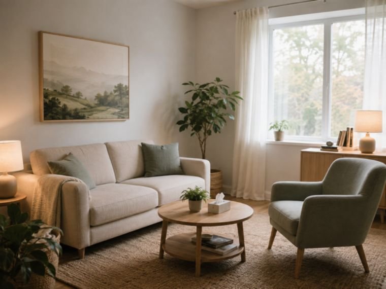 A calm, softly lit counselling room with a linen sofa, armchair and pot plants